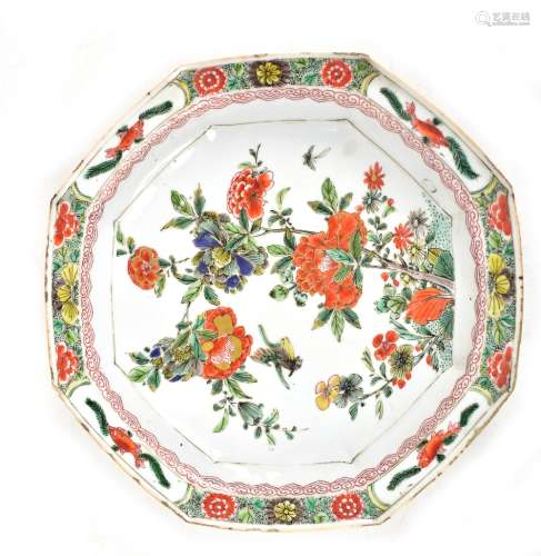 An 18th century Chinese porcelain Famille Verte octagonal plate, painted in enamels with floral