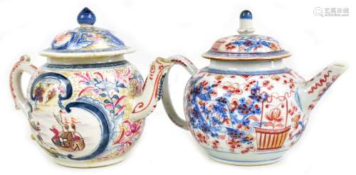 Two 18th century Chinese porcelain teapots, the first example painted with figures in boats set