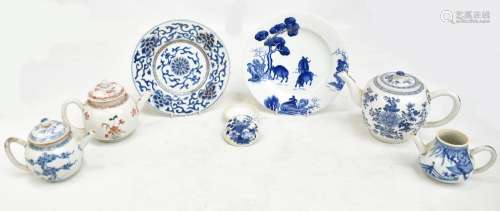 A group of 18th century and later Chinese porcelain including blue and white teapot of squat bulbous