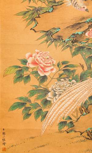 A Qing Dynasty flower and birds  painting on Silk Scroll, Zhou yigui Mark