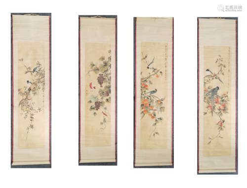 Yanbo dragon flowers and birds four screens彦伯龙花鸟四条屏