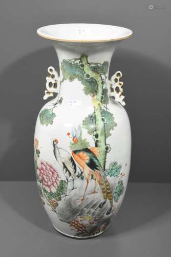 Vase chinois décor de faisan et poème (Ht 43cm)