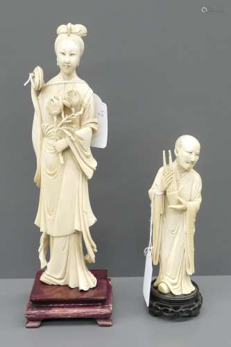 Lot de 2 statues chinoises en ivoire sculpté du 19ème (Ht 25cm et ht 16cm)