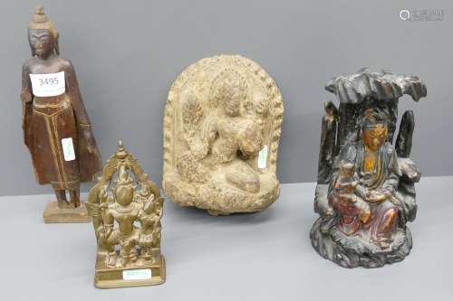 Lot de 4 sculptures asiatiques (bronze et bois) anciennes (Ht de 12 à 23cm)