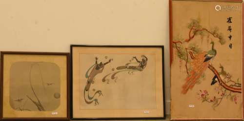 Lot de 3 peintures sur soie asiatiques