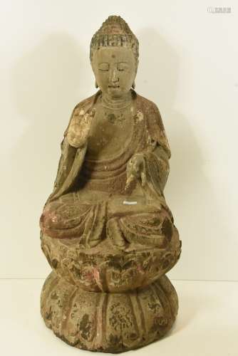 Bouddha en bois sculpté, Chine 19ème (Ht 59cm)