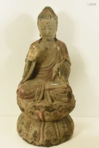 Bouddha en bois sculpté, Chine 19ème (Ht 59cm)