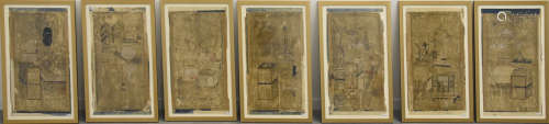 Série de 7 aquarelles chinoises encadrées (60 x 35cm)