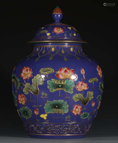 A BLUE GLAZE JAR PAINTED WITH LOTUS POND