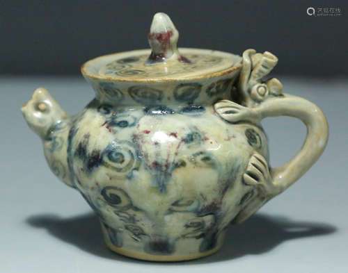 A BLUE&WHITE GLAZE POT WITH BEAST HANDLE