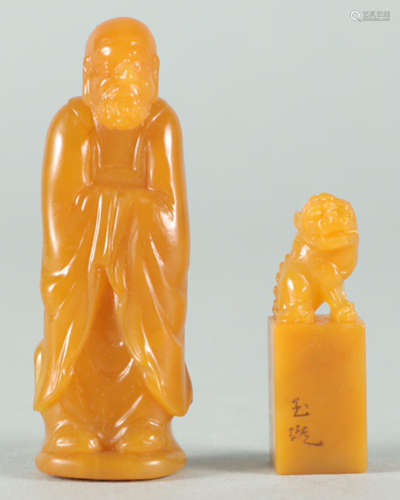 SET OF TIANHUANG STONE SEAL CARVED WITH BODHIDHARMA AND LION