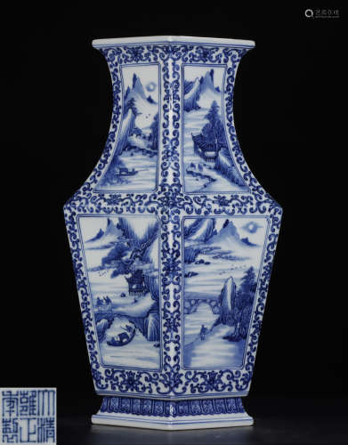 A BLUE&WHITE GLAZE SQUARE VASE PAINTED WITH MOUNTAIN FIGURE STORY