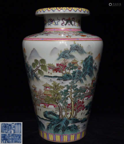 A FAMILLE ROSE GLAZE VASE PAINTED WITH MOUNTAIN AND FIGURE