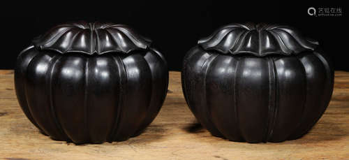 PAIR OF ZITAN WOOD JAR SHAPED WITH MELON