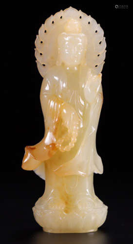 A HETIAN JADE CARVED STANDING GUANYIN BUDDHA