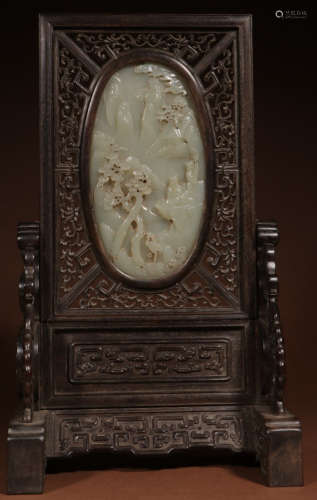 A ZITAN WOOD EMBEDED WITH HETIAN JADE SCREEN CARVED WITH FIGURE