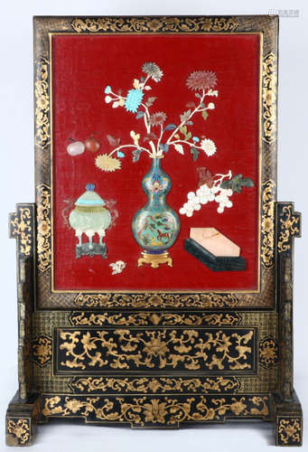 A XUE TAN WOOD CARVED SCREEN EMBEDED WITH GEMS