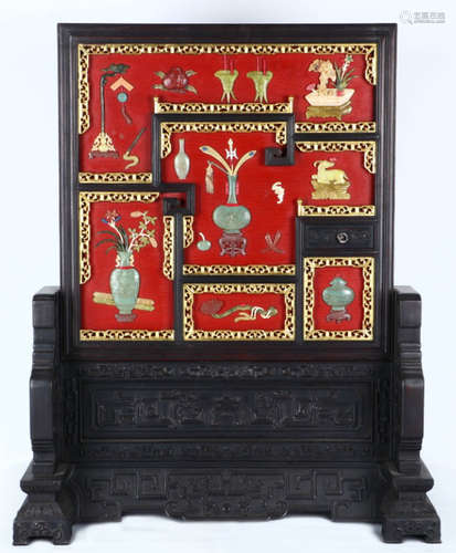 A XUE TAN WOOD CARVED SCREEN EMBEDED WITH GEMS