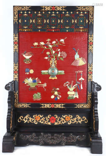 A XUE TAN WOOD CARVED SCREEN EMBEDED WITH GEMS