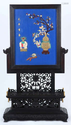 A XUE TAN WOOD CARVED SCREEN EMBEDED WITH GEMS