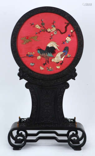 A XUE TAN WOOD CARVED SCREEN EMBEDED WITH GEMS