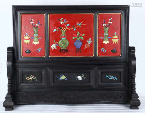 A XUE TAN WOOD CARVED SCREEN EMBEDED WITH GEMS