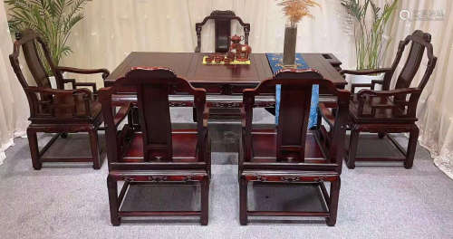 SET OF ZITAN WOOD CHAIR&TABLE CARVED WITH PATTERN