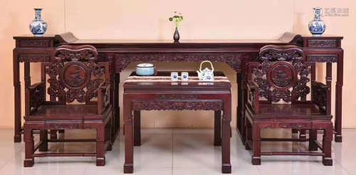 SET OF ZITAN WOOD CHAIR&TABLE CARVED WITH PATTERN