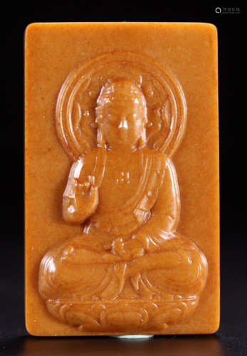A HETIAN YELLOW JADE CARVED BUDDHIST TABLET
