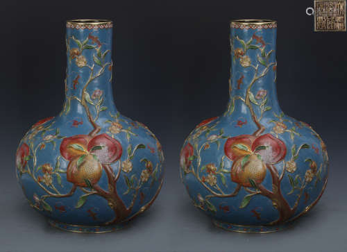 PAIR OF COPPER BOTTLE VASE WITH CARVING
