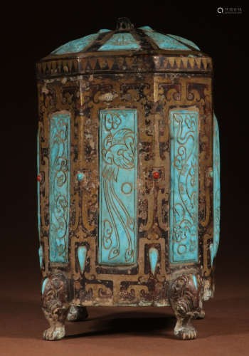 A SILVER EMBEDED WITH TURQUOISE STONE JAR