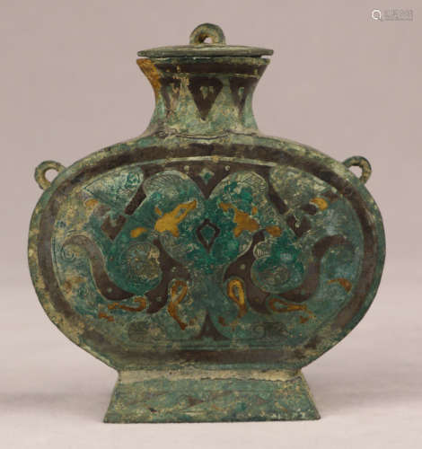 A COPPER WITH SILVER VASE CARVED WITH DRAGON PATTERN