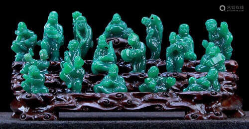 A GREEN JADE STONE ORNAMENT CARVED WITH ARHAT BUDDHA