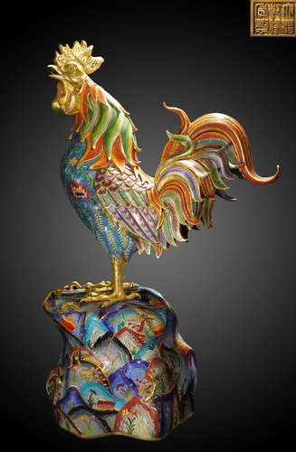 A CLOISONNE CAST ROOSTER SHAPED ORNAMENT