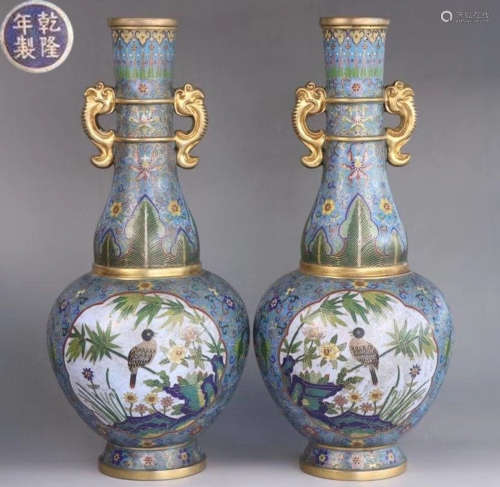 PAIR OF CLOISONNE BIRD FLOWER PATTERN VASES