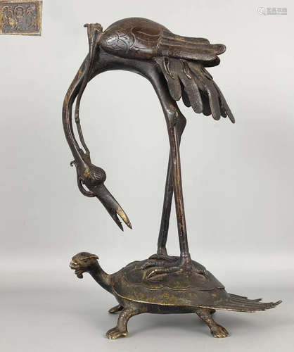 A COPPER CAST CRANE&TURTLE SHAPED ORNAMENT