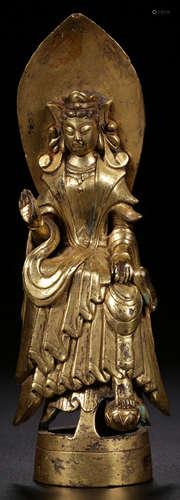 A GILT BRONZE CAST GUANYIN BUDDHA STATUE