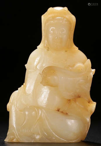 A XINJIANG HETIAN JADE CARVED GUANYIN BUDDHA STATUE