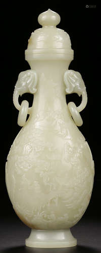 A XINJIANG HETIAN JADE CARVED LANDSCAPE PATTERN VASE