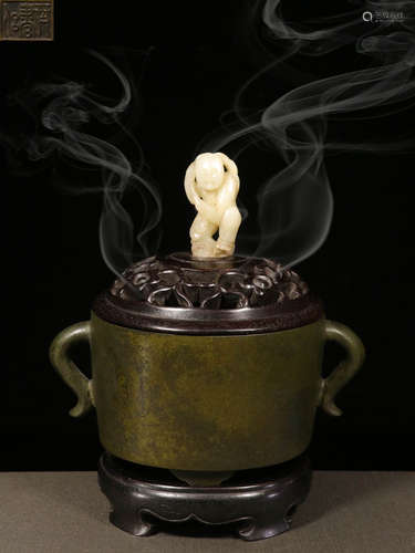 A COPPER CAST CENSER WITH JADE