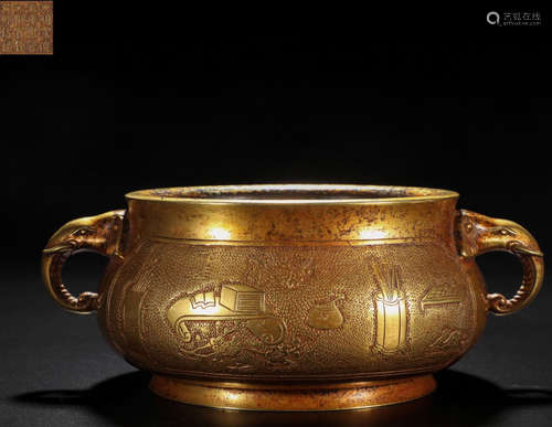 A GILT BRONZE CAST DOUBLE EAR CENSER