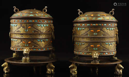 PAIR OF GILT BRONZE WITH GEM DECORATED CENSER