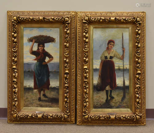Pair Oil Painting of Girls, by G. Lenz,19th C.