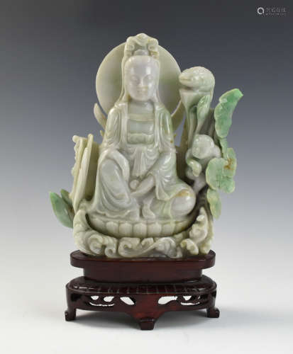 Chinese Jadeite Guanyin, with Wood Stand