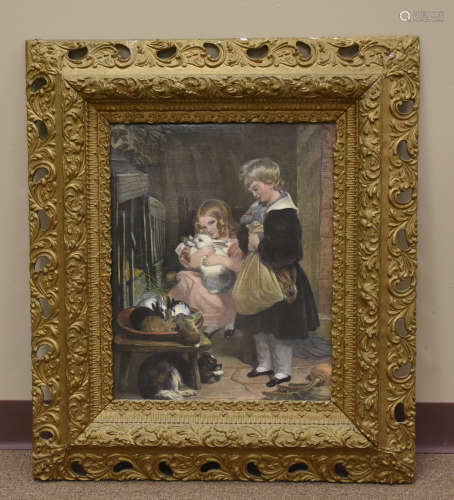 Framed Oil painting w/ Two Girls & A Rabbit