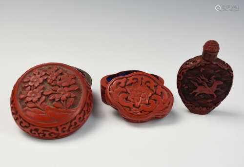 Two Chinese Carved Lacquer box & One Snuff Bottle