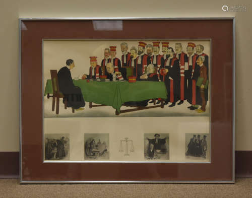 Framed Pen & Pencil Drawing of Court Setting