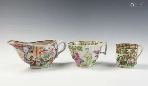 Three Chinese Cantonese Glazed Cups & Milk Mug