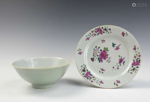 Chinese Celadon Bowl & Famille Rose Plate