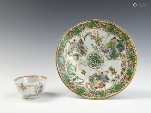 Chinese Cantonese Glazed Plate & Cup, 18-19th C.